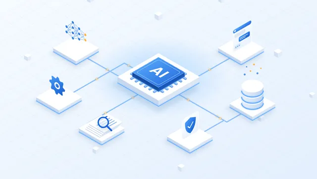Isometric illustration of an AI chip connected to a neural network, a chat assistant, a vector database, documents, automation and security