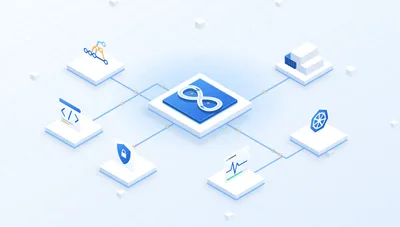 Isometric illustration of a DevOps infinity loop connected to Git branches, containers, Kubernetes, monitoring and security